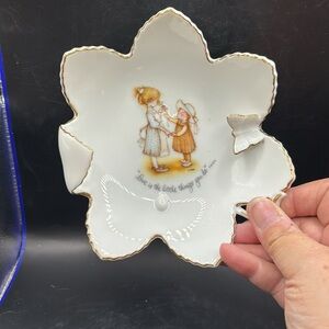 Vintage Holly Hobbie trinket dish White Decorative Leaf-Shaped Dish w/Gold Trim